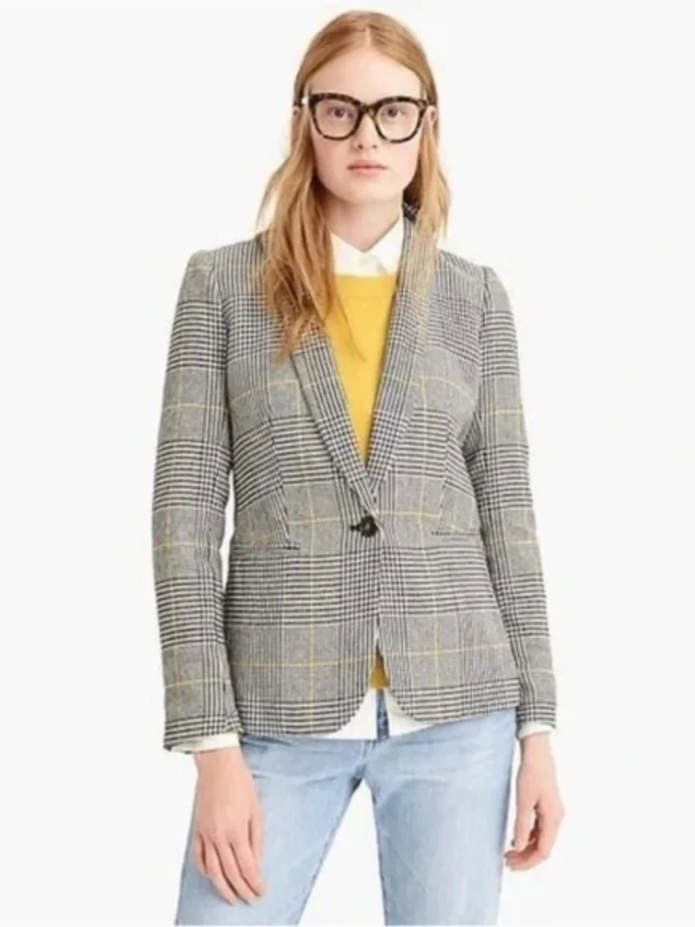 J. Crew Parke Blazer in Glen Plaid Wool Blend - Black, White, and Yellow - 10 - Picture 1 of 16